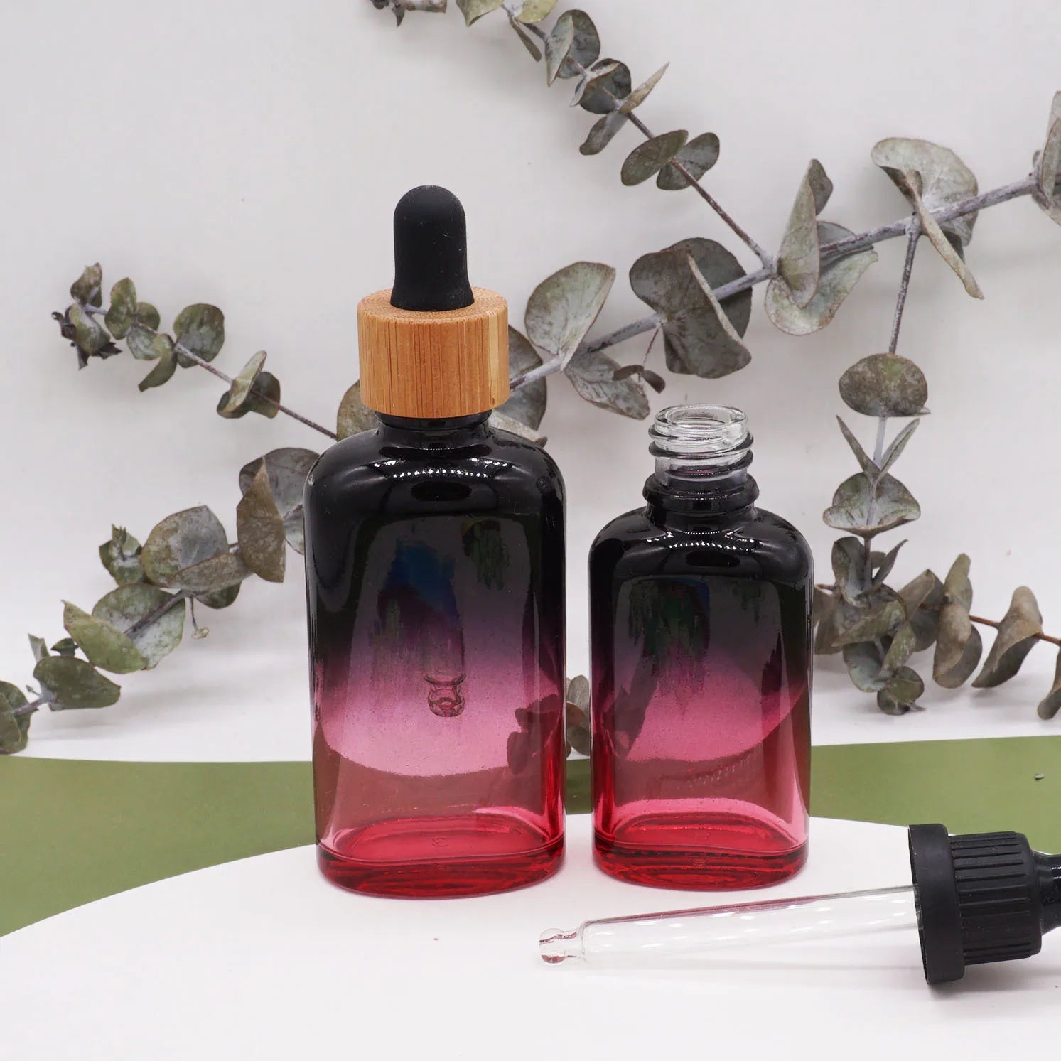 50ml Black Red Gradient Square Glass 30ml Cosmetic Dropper Bottle with Bamboo Collar Top