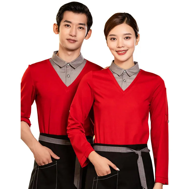 New Fashion Custom Faux Two-Piece Work Shirt Restaurant Bar Staff Uniform Top Waiter Waitress Casual Style T-Shirt Manufacture