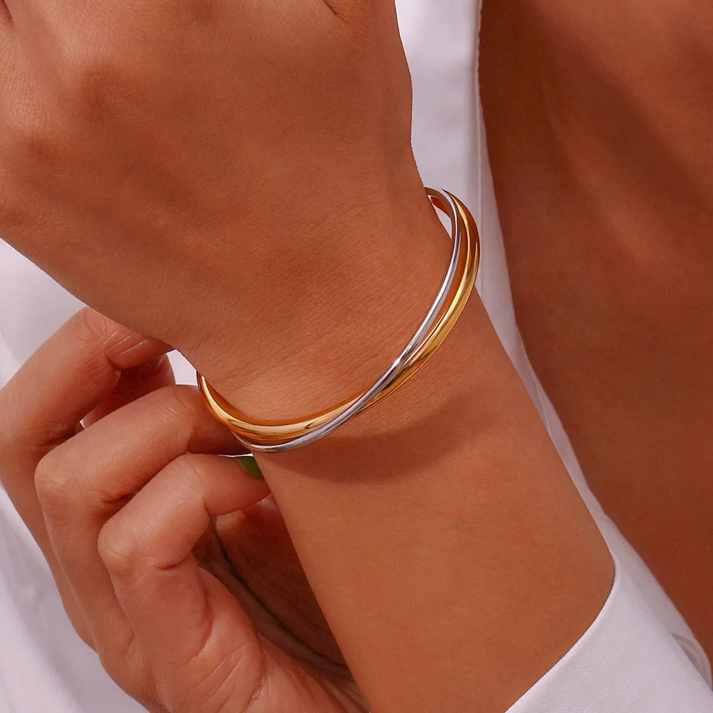 Fashion Simple Two Tone Bangle Stainless Steel 18k Gold Plated Double Layer Cross Opening Cuff Bracelet for Women