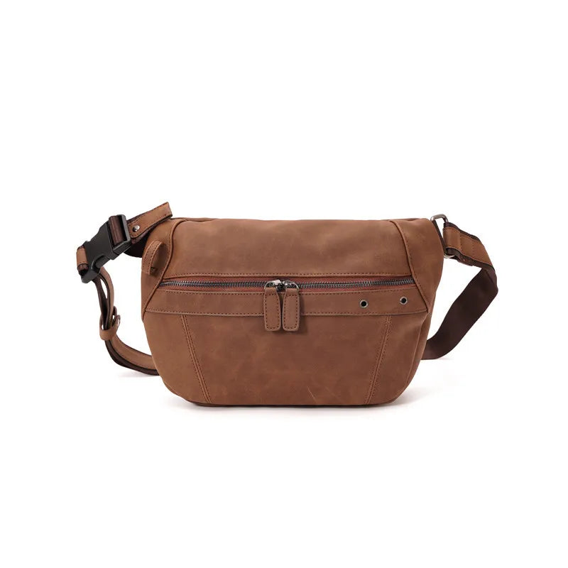 Large Capacity Outdoor Brown PU Leather Hiking Travel Bum Chest Belt Crossbody Fanny Pack Waist Bag Pouch for Men