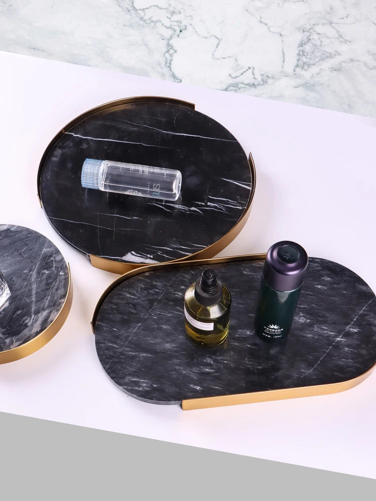 Luxury Natural Marble Serving Tray with Golden Metal Handles Classic Design Glossy Finish Floor Type Jewelry Storage Tray
