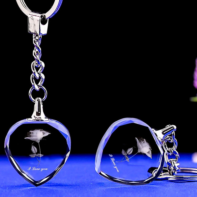 Free Shipping Hot Products Customs Heart Glass Keychain Rose 3d Etched Crystal Keychain for Valentine Day Gifts