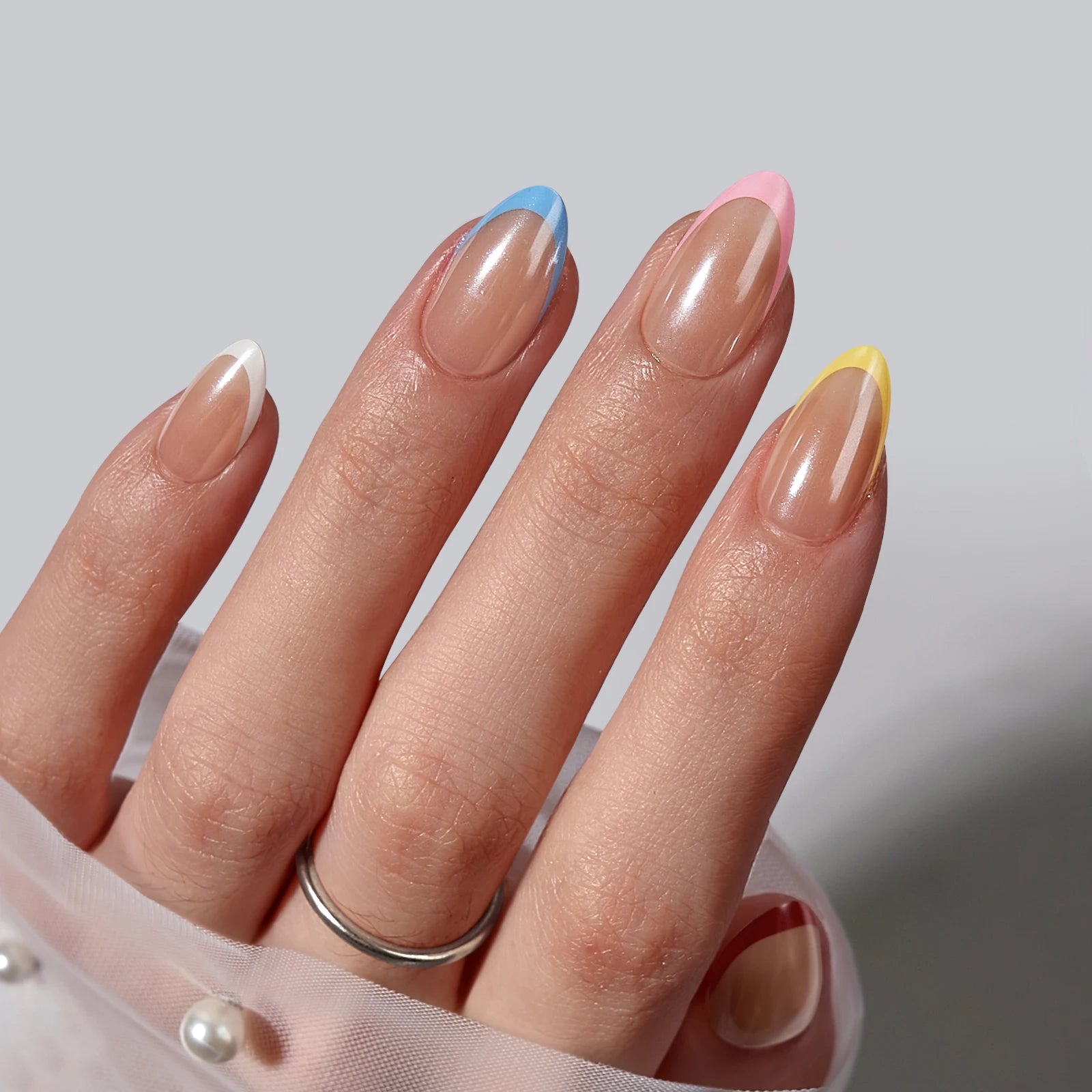 BTARTBOX French Soft Gel Fake False Nails With Glue Wholesale Short Almond Coloful French Tip Press on Fake Nails En Gel