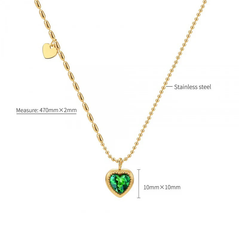 European American Classic Emerald Zircon Heart Green Love Shape Pendant Necklace 316L Stainless Steel 18K Gold Plated Gift