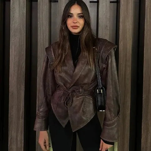 Women's Vintage Long Sleeve PU Jacket 2024 Hot Sale Loose Fit Autumn Winter Versatile Clothing