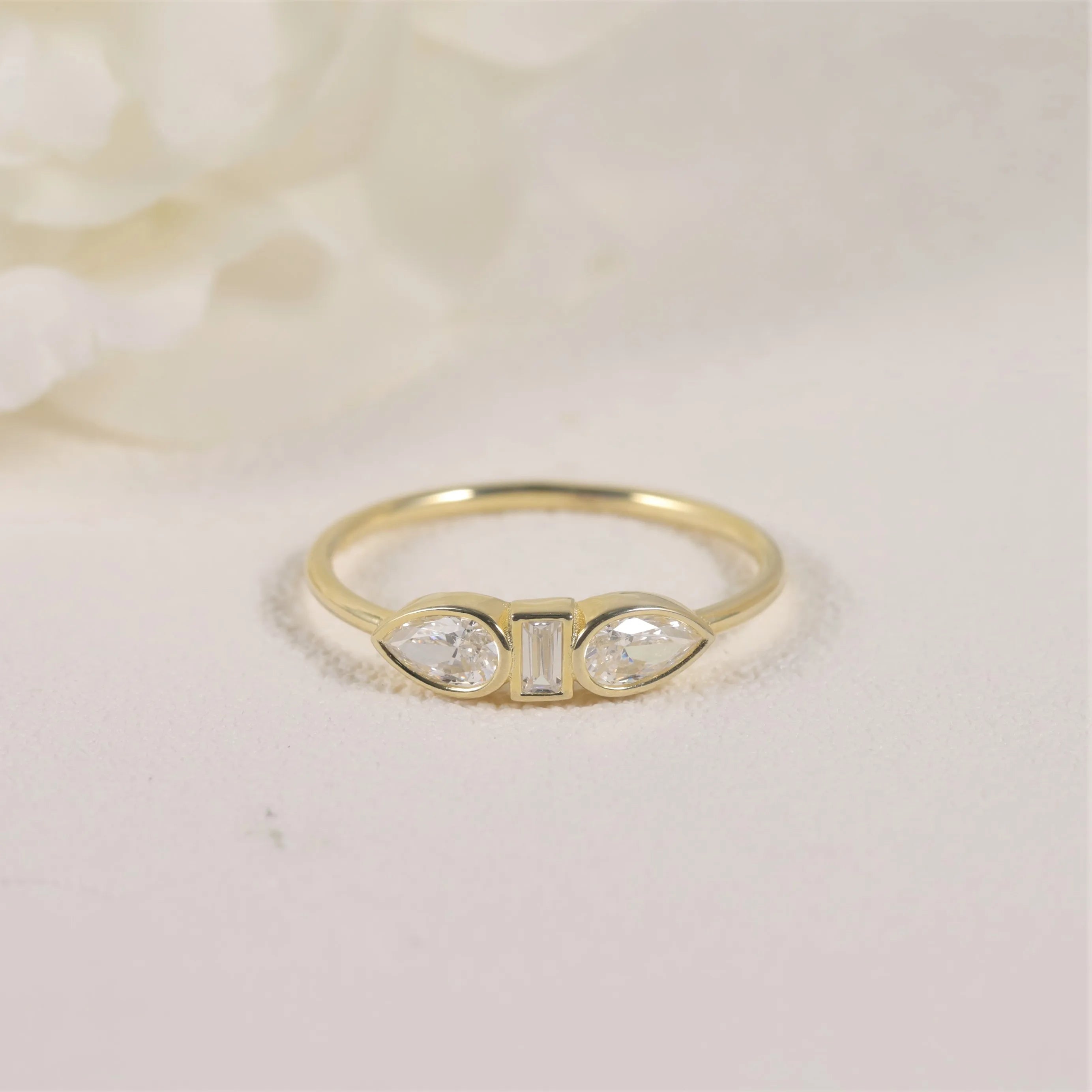 Symmetrical Aesthetics 14K Gold Three Stone Bezel Setting Pear & Baguette Lab Grown Diamond Dainty Ring for Wedding Engagement