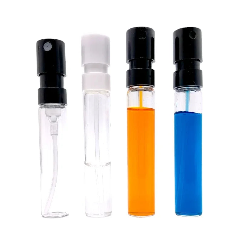 Wholesale Mini Glass Vials 1ml 2ml 2.5ml Perfume Sample Spray Tester Bottles With Black Snap Sprayer Pump