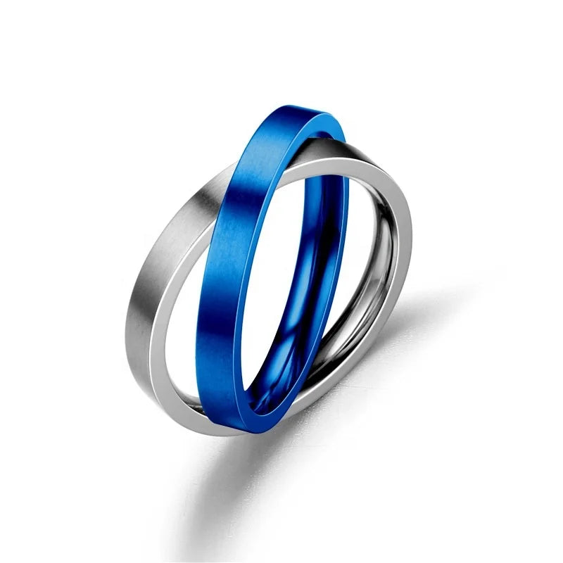 Hot Sale Two Circle Rings Crossed Unisex Stainless Steel Rhodium Plated Romantic Lovers' Ring for Wedding Engagement Gift