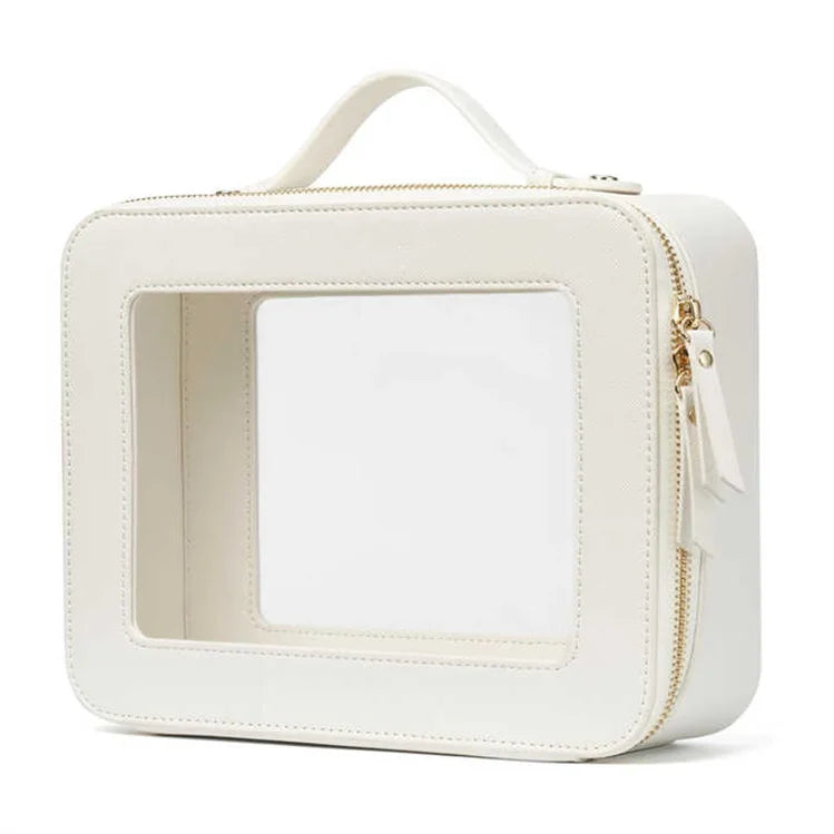 Wholesale Custom Logo Simple PVC Transparent Clear Zipper Makeup Bag PU Leather Letter Patches Travel Cosmetic Bag