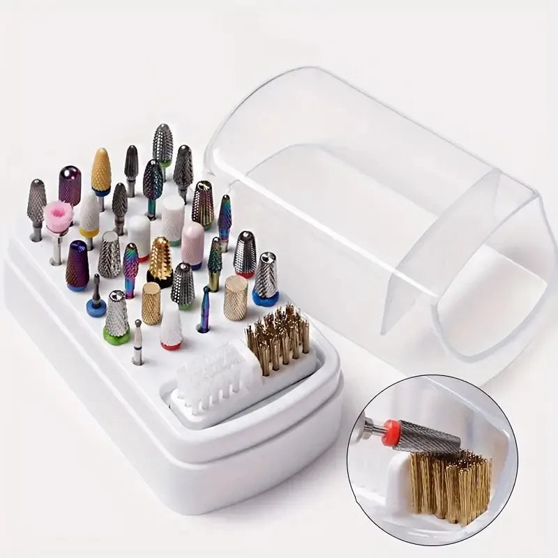2 in 1 Nail Grinding Bits Cleaning Brushes Display Stand 30 Holes Nail Drill Bit Organizer Box