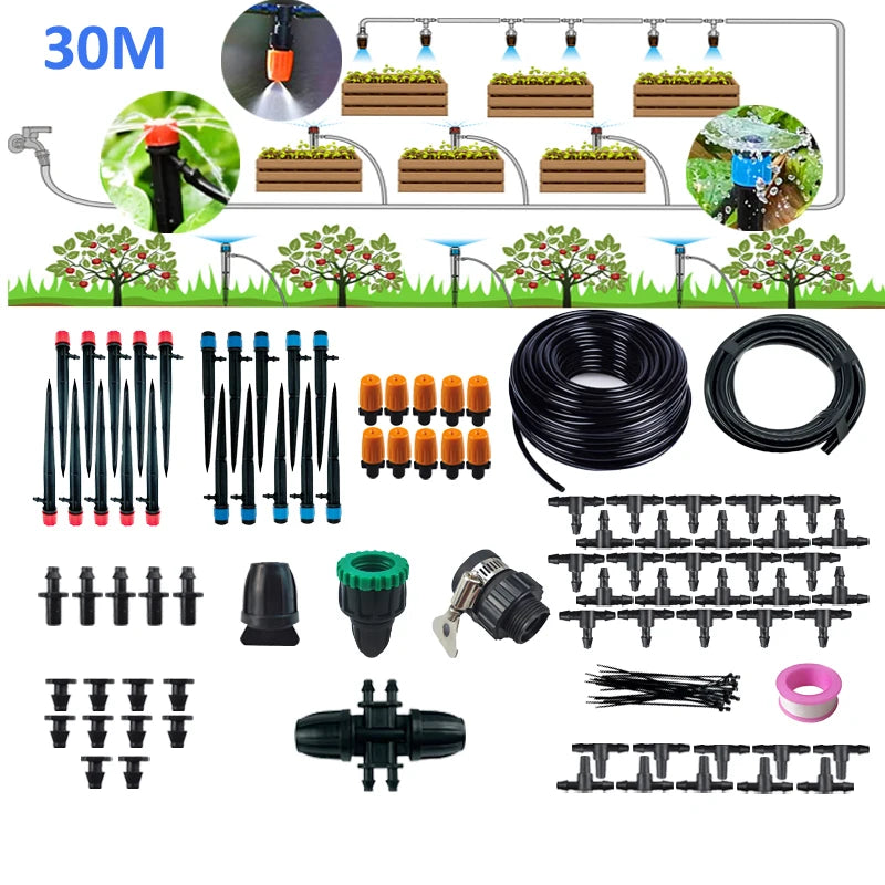 30M Greenhouse Micro Drip Irrigation Kit Automatic Patio Misting Plant Watering System Adjustable Nozzle Emitters Sprinkler