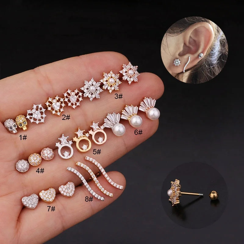 Gaby 20 Gague Gold-Plated Zircon Earring Trendy Heart Skull Cartilage Star Design Helix Tragus Barbell Stud for Tragus Piercing