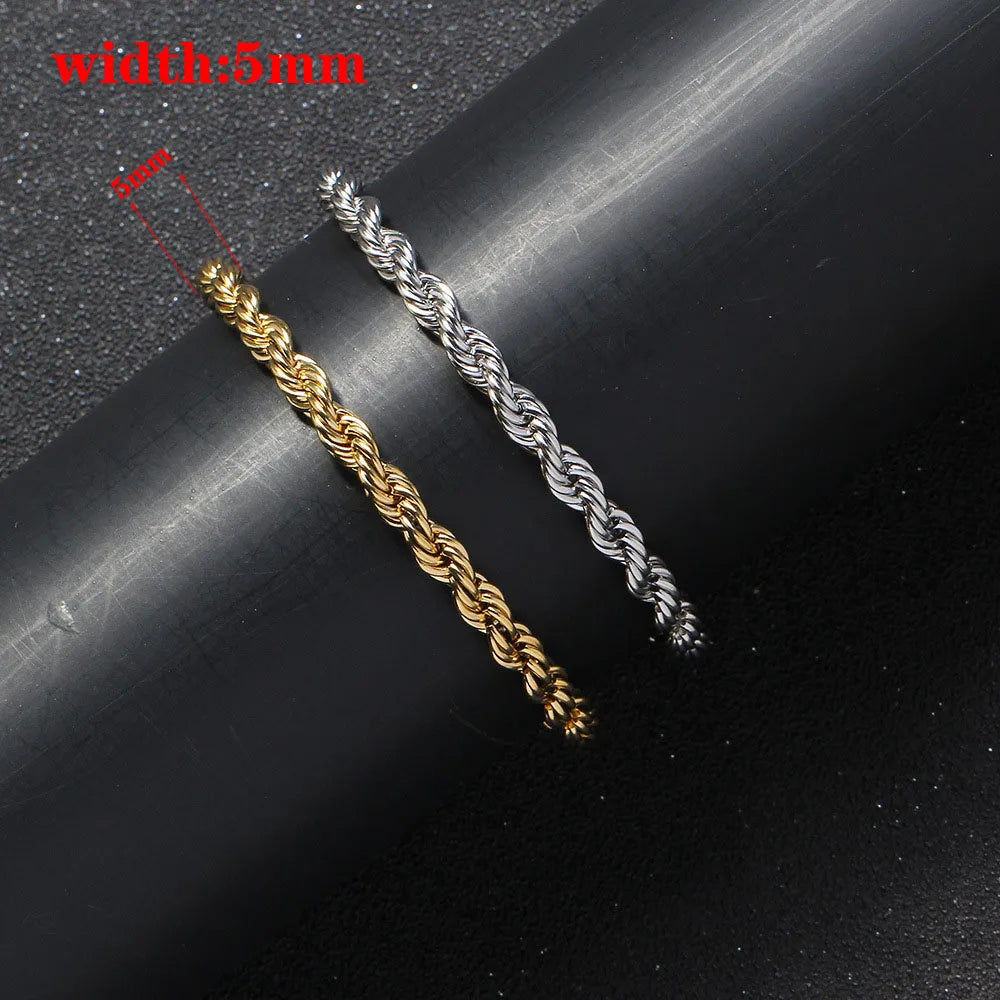 5mm Stainless Steel Rope 18K Gold Plated Bracelets Bangles Gold Bracelet for Women Hip Hop Stainless Steel Jewelry