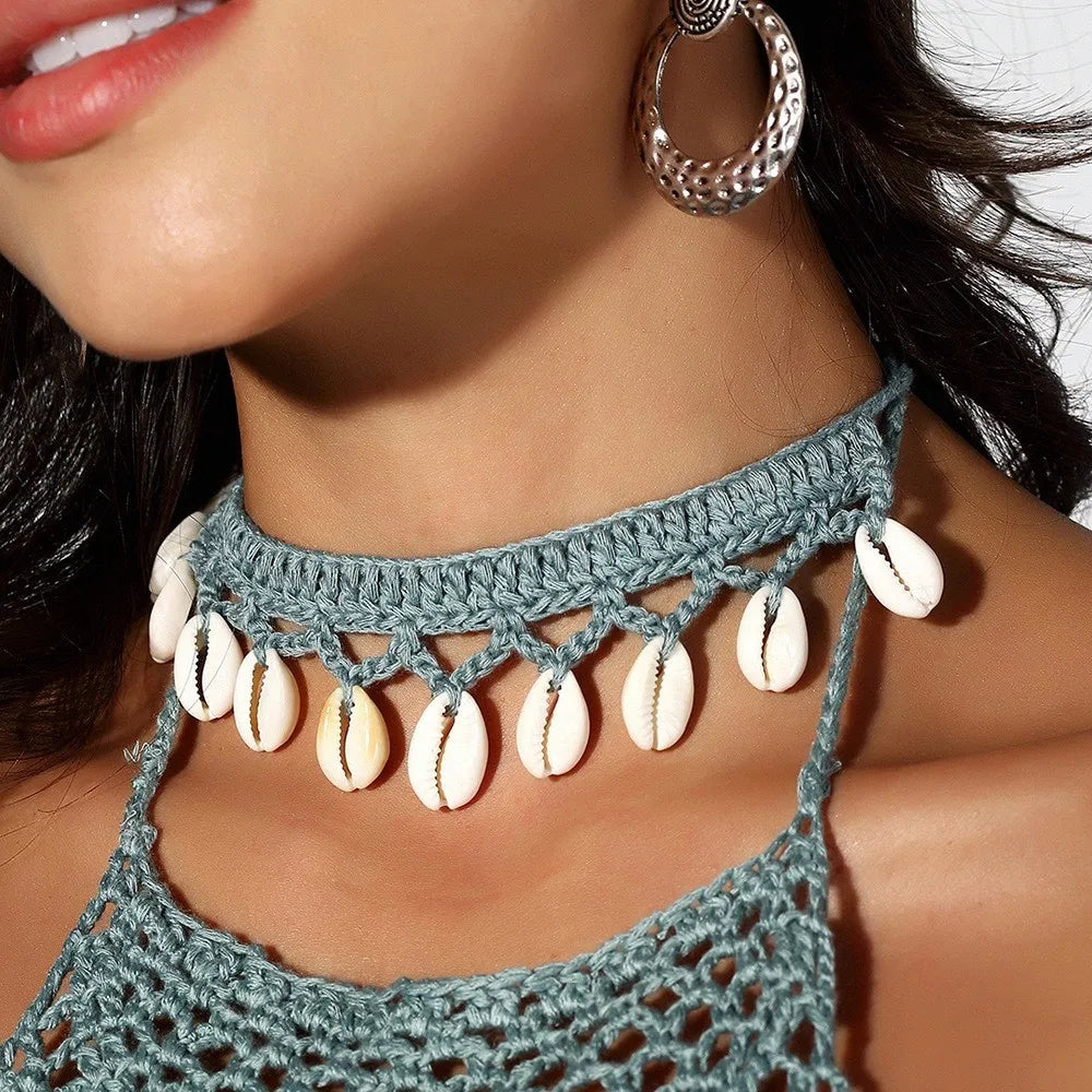 Zooying Multi Color Handmade Weave Boho Summer Shell Choker Natural Shell Beaded Necklace Beach Crochet Anklet Jewellery
