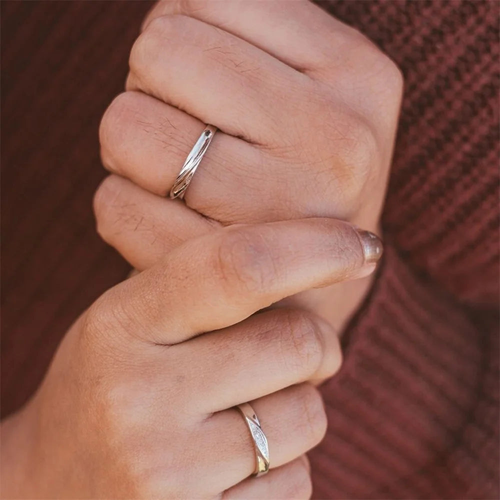 Ouj Silver Couple Band Zircon Ring Adjustable Sterling Silver His and Hers Rings Wedding Anniversary Ring Valentines Day Gift