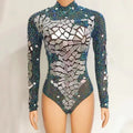 Sparkly Silver Rhinestone Mirror short bodysuit Women Birthday Stage birthday Celebrate Dress Dancer Party Show Costume