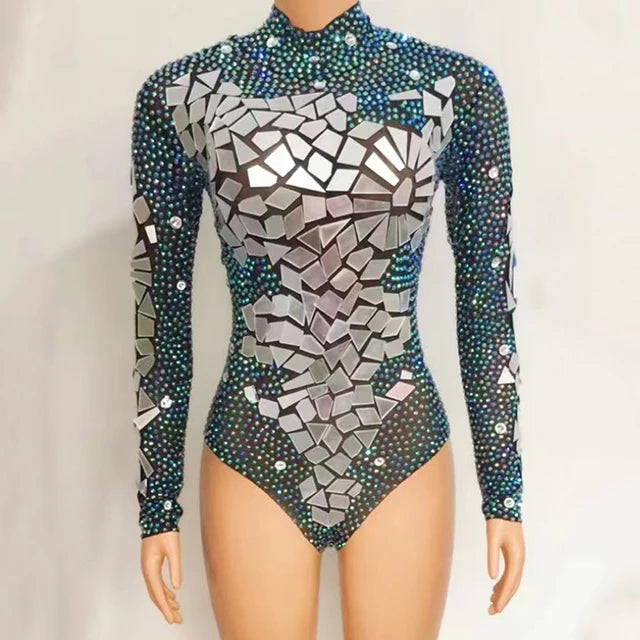 Sparkly Silver Rhinestone Mirror short bodysuit Women Birthday Stage birthday Celebrate Dress Dancer Party Show Costume