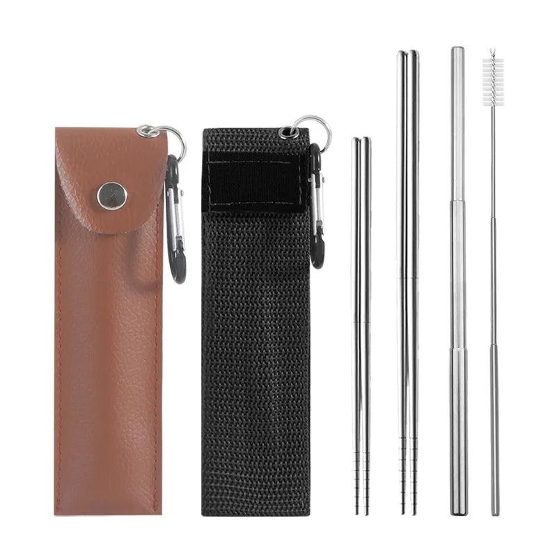 304 Stainless Steel Folding Chopsticks Straw Utensils Portable Woven Bag Travel Pack Retractable Straw Non Slip Chopsticks