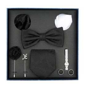 Men's Business Solid Color Black Tie Bowtie Handkerchief Professional Polyester Necktie 8 Pcs Set for Wedding