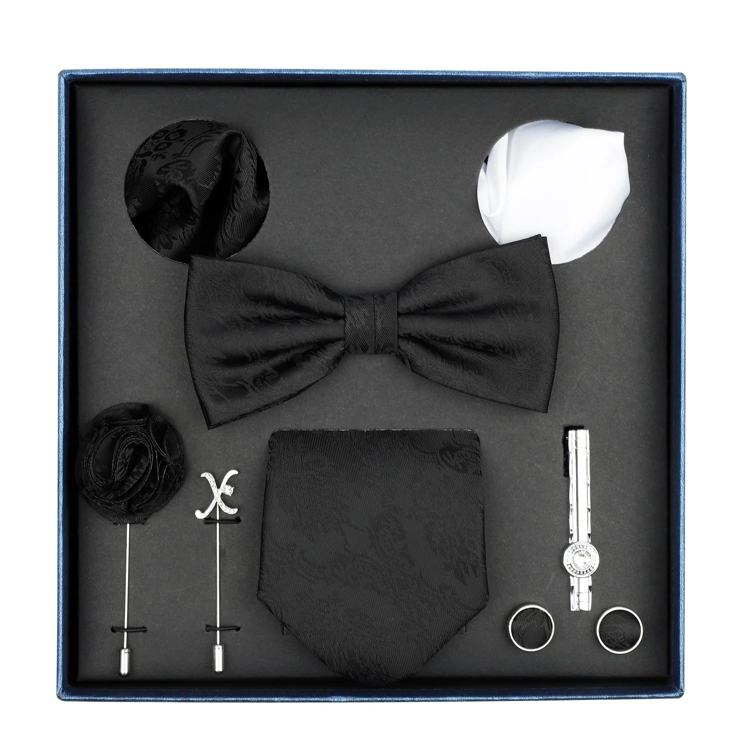 Men's Business Solid Color Black Tie Bowtie Handkerchief Professional Polyester Necktie 8 Pcs Set for Wedding