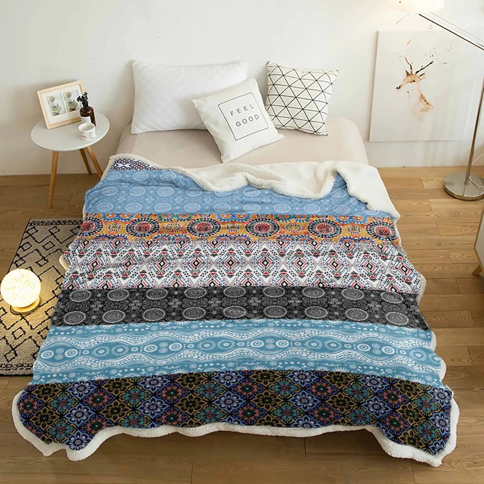 Sherpa Fleece Throw Cozy Plush Adult Aztec Blanket Reversible with Print Western for Camping Couch Sofa & Bed