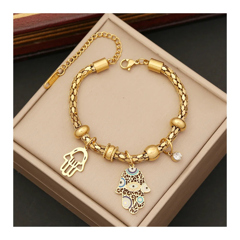Trendy 6 Styles 18k Gold Stainless Steel Hamsa Hand Charm Bracelets Jewelry Women Flower Bracelets With Zircon