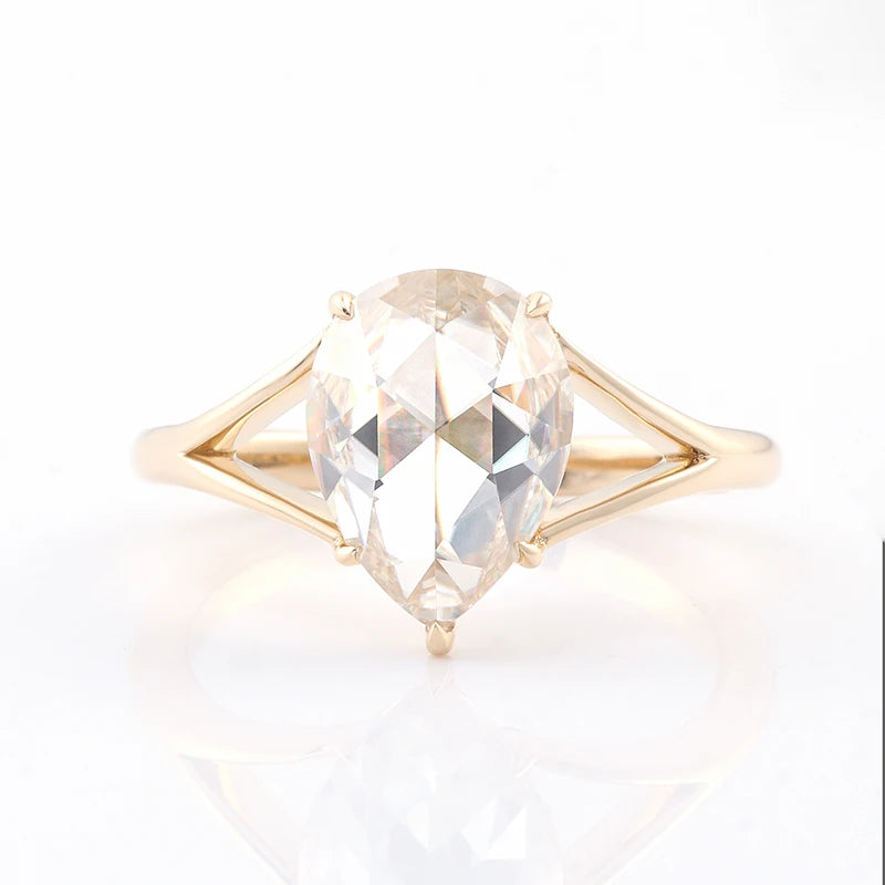 Customized Available 14k Rose Gold DEF 9x12mm Pear Single Rose Cut Moissanite Diamond Ring with Split Band