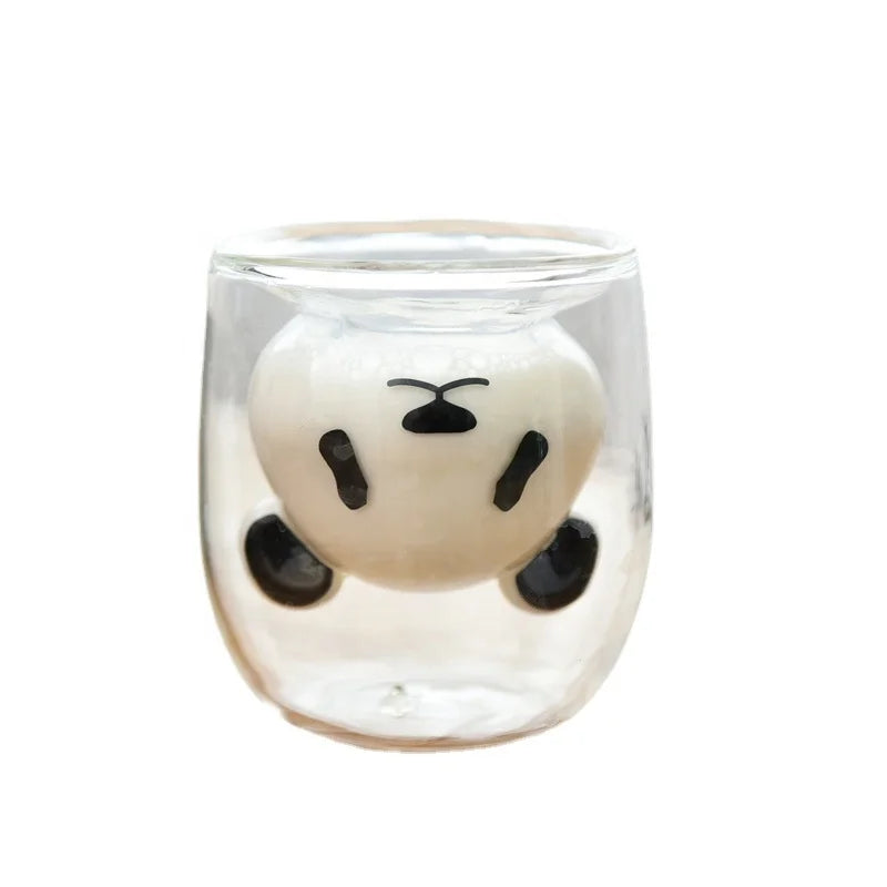 Madou Factory Wholesale Double Wall Glass Cup 200ml High Borosilicate Panda Shape Coffee Mug with Eco-friendly Lid Water Beer