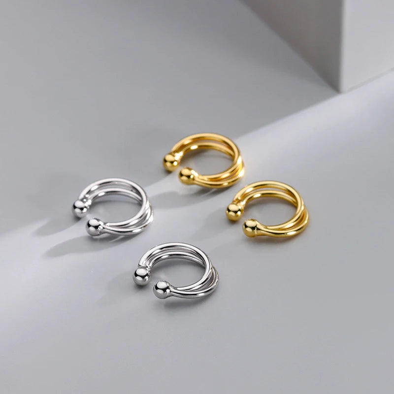 925 Sterling Silver Simple Double Beads Ear Cuff Women's Trendy Chic Fashion Jewelry Accessories No Piercing Necessary