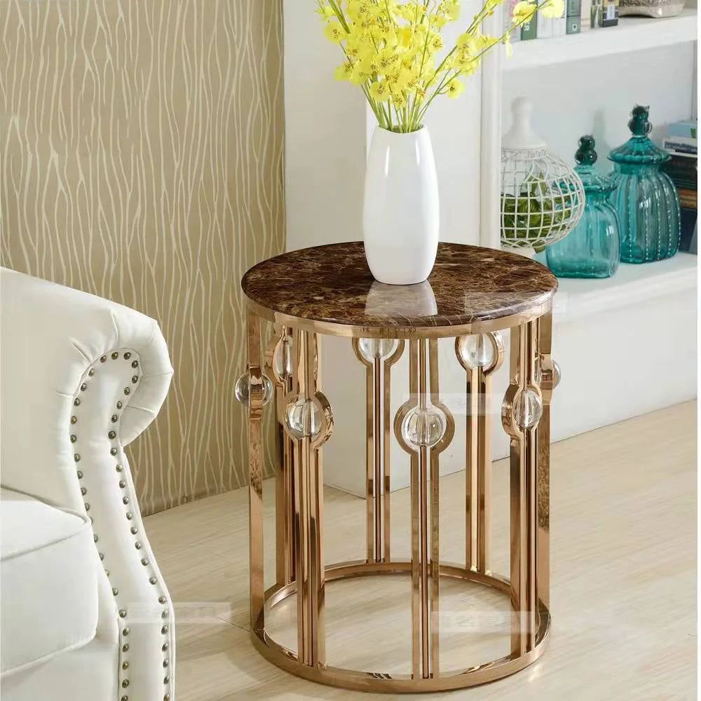 Living Room Furniture Crystal Glass Side Table Metal SS Frame Table Basse Gold Modern Luxury Round Marble End Tables MegaBDM