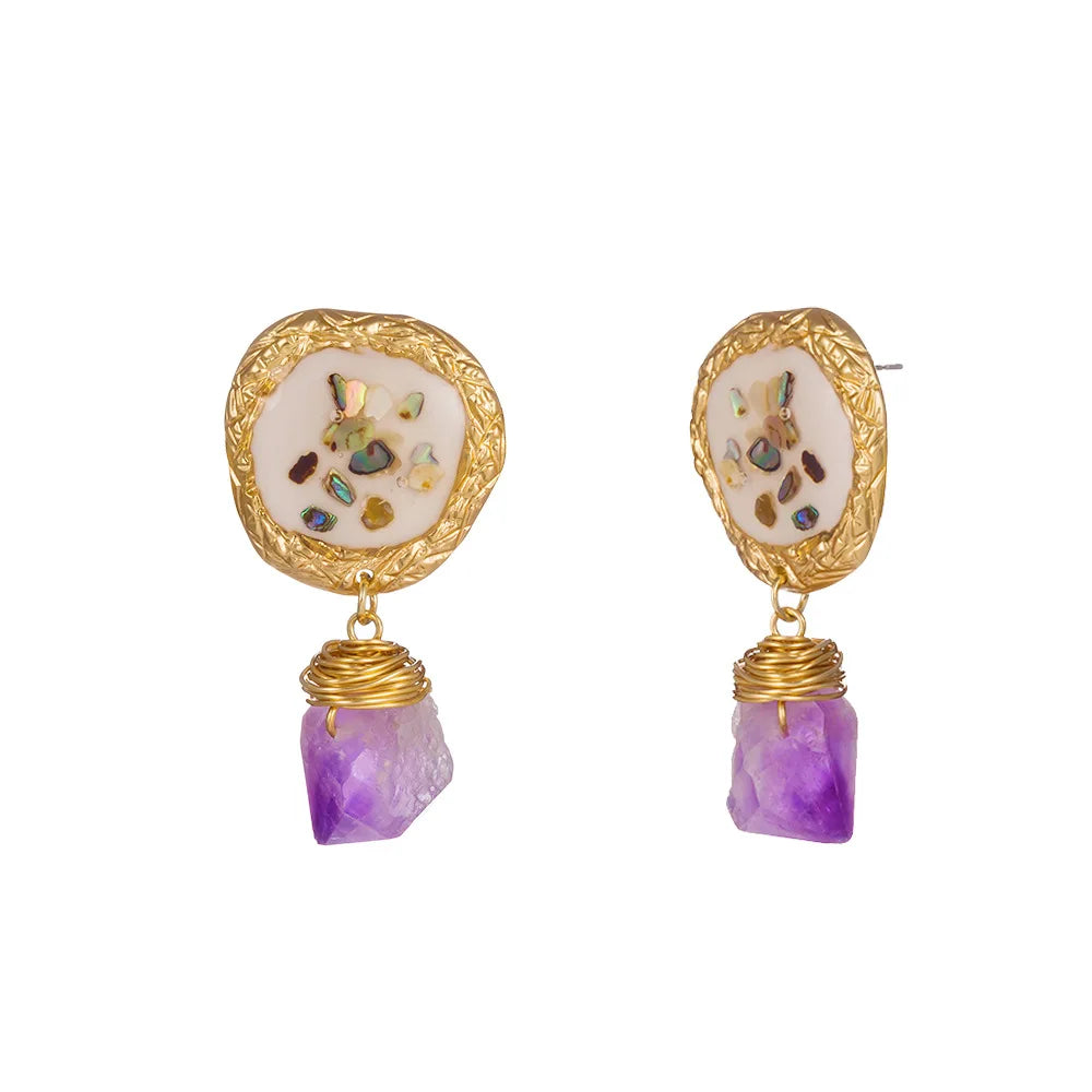 New Fashion Multi Color Cz Crystal Dangle Earrings Purple Natural Shells Jewelry Vintage Geometric Drop Natural Stone Earring