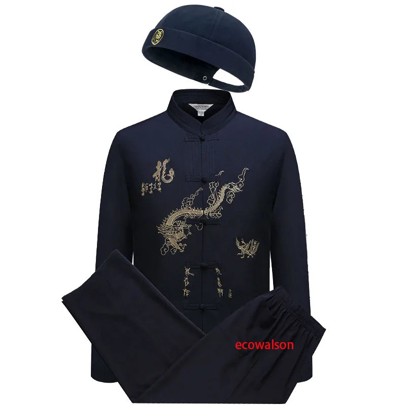 Tang Suit top Pants Men's Middle-aged and Elderly Father Long Sleeve Old Man Clothes Grandpa Wear Chinese Style Tai Chi Suit