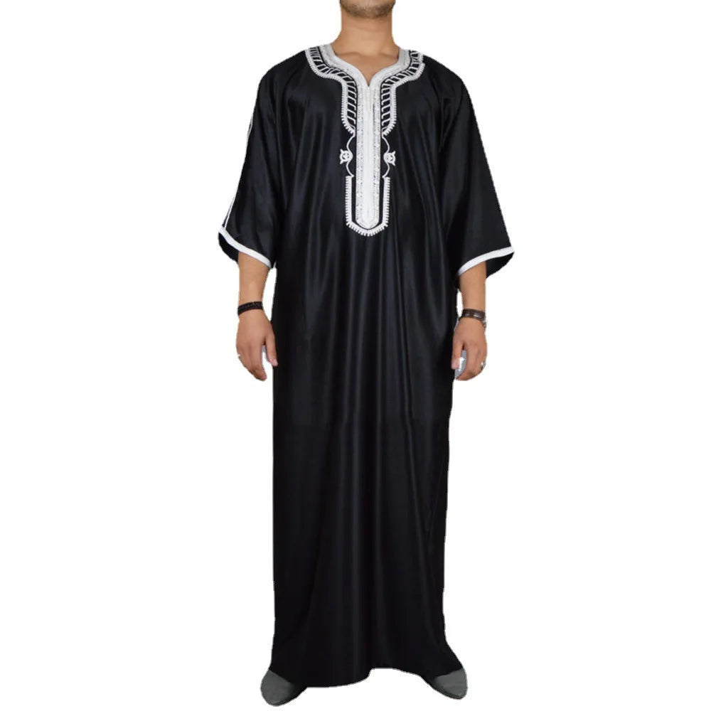 M-4XL Men's Long Shirt Casual Youth Regular Black Muslim Embroidery Robe