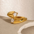 New Arrival Women Elegant Jewelry 18K Gold Plated Ring Stainless Steel Asymmetrical Open Five-point Star Zircon Rings