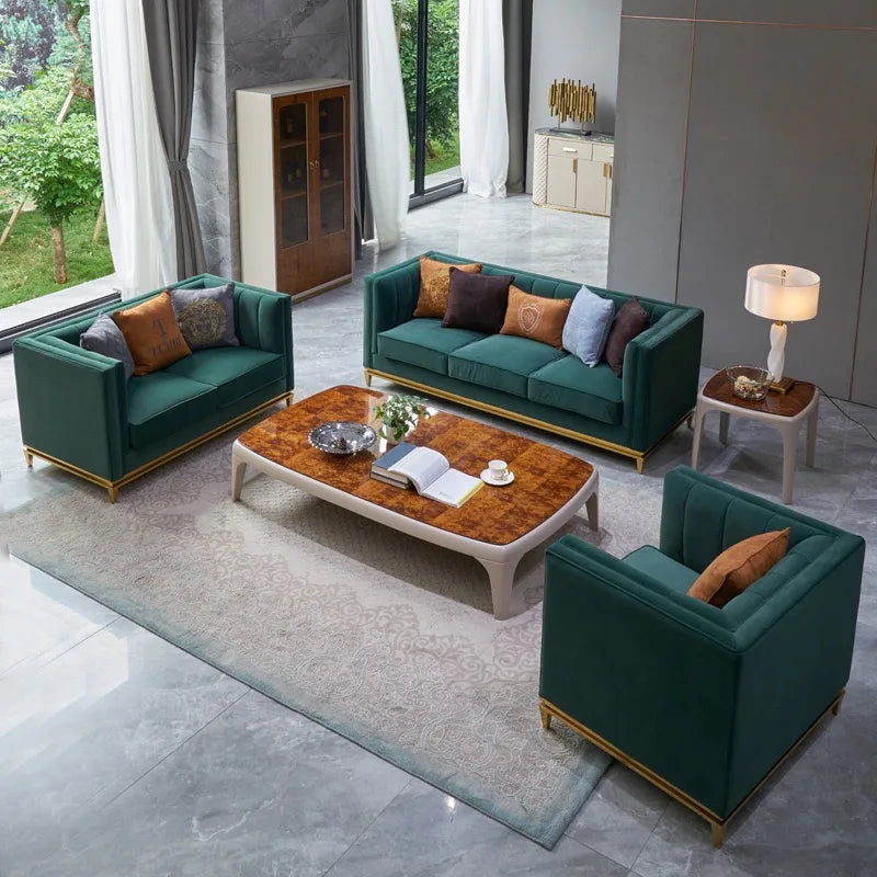 American Luxury Small Living Room Furniture Genuine Leather Furry Sofas Stainless Steel for Basement Model House Villa Studio MegaBDM