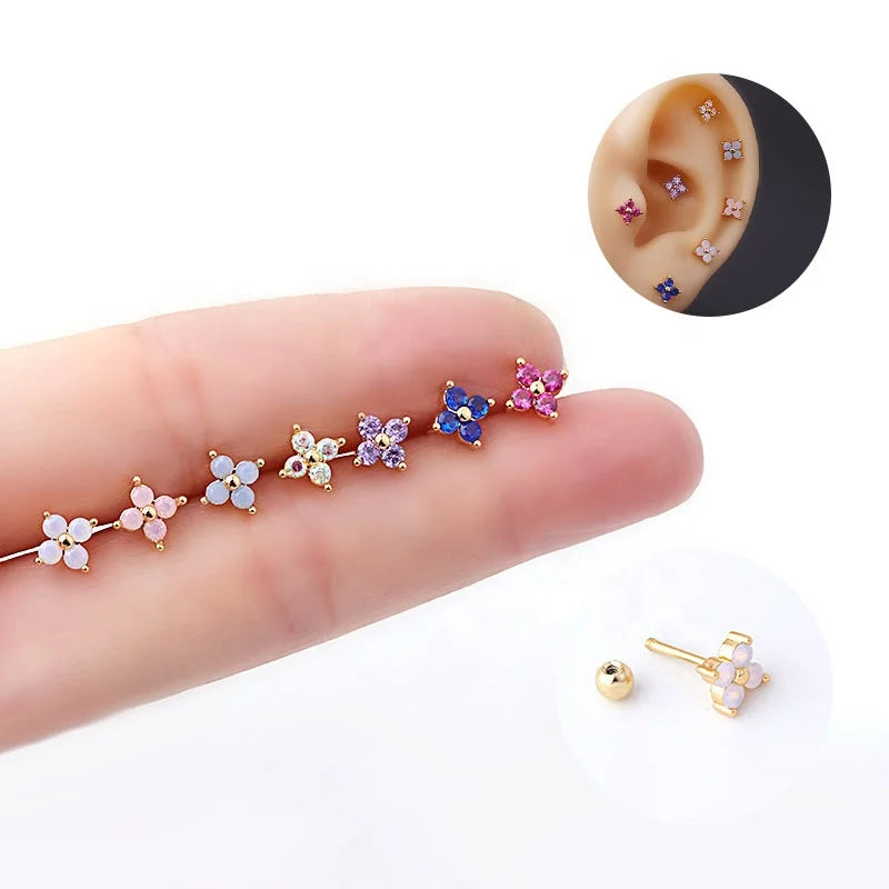 1PC Titanium Ear Piercing Zircon Flower Ear Cartilage Tragus Helix Piercing Earring Studs Labret Lip Earrings Body Jewelry
