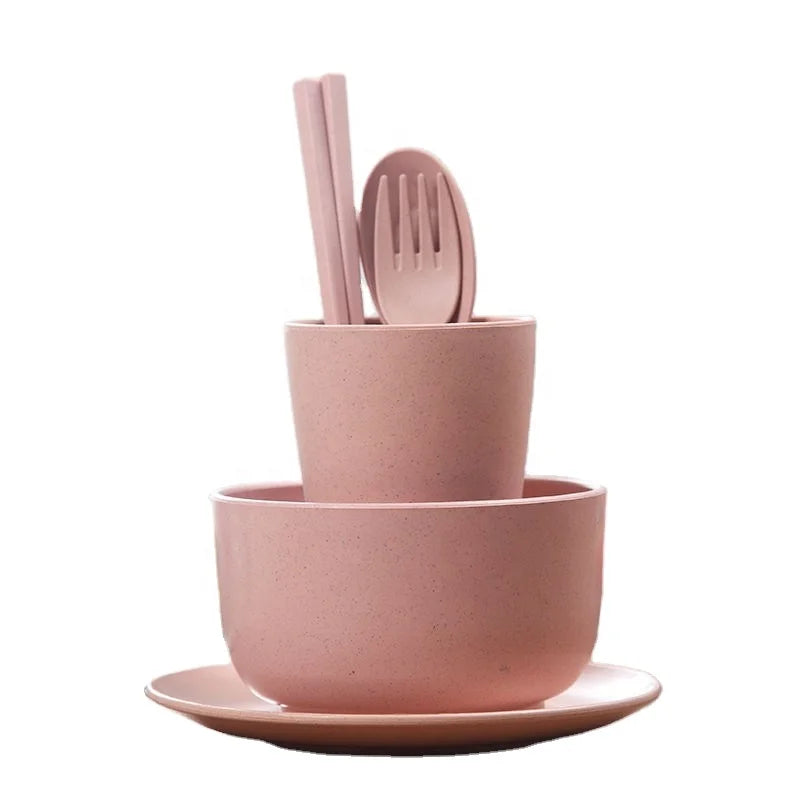Children's 6-Piece Eco-Friendly Wheat Straw Dinnerware Set with Plate Bowl Fork Spoon Cup & Chopsticks