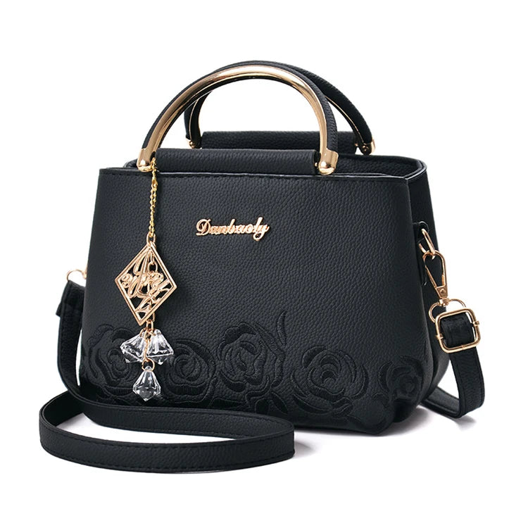 Oem Embroidery Black Flower Fancy Unique Latest Pu Leather Luxury Ladies Handbag for Women