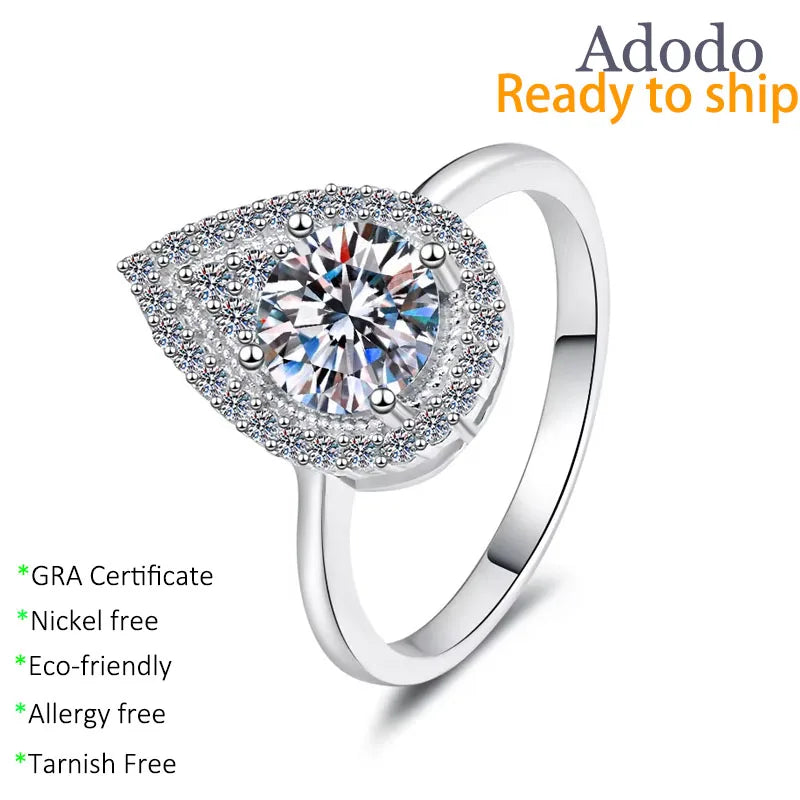 Round Cut 1ct VVS1 GRA Moissanite Halo Tear Drop Ring 925 Sterling Silver Bling Dainty Moissanite for Party Bridal Jewelry
