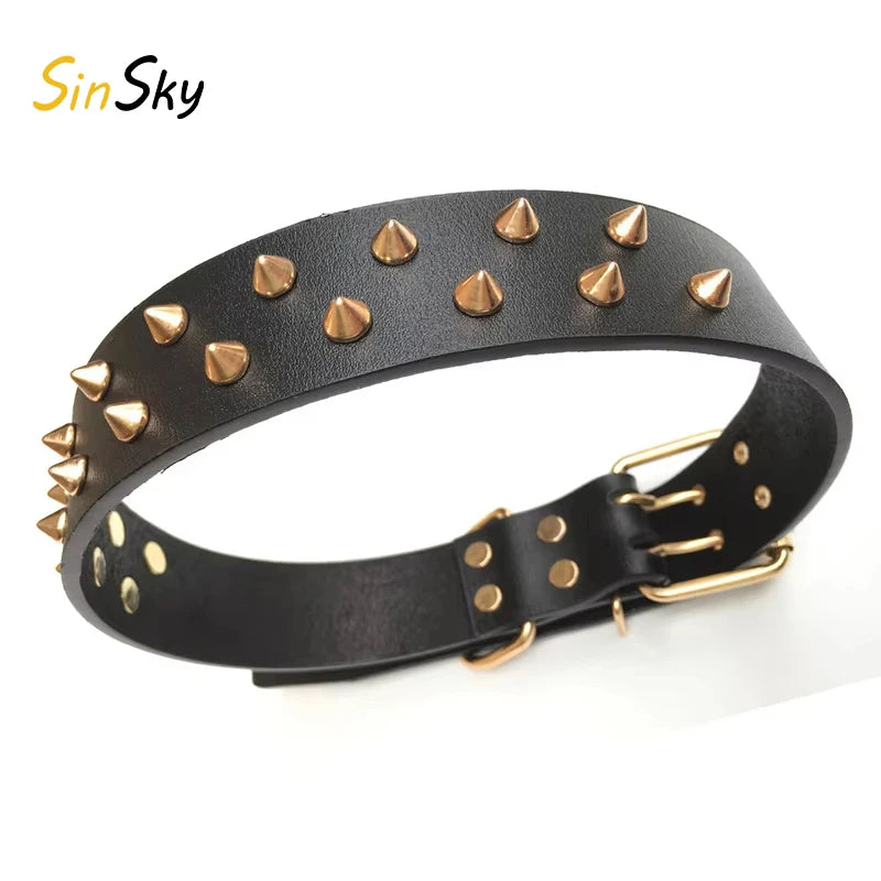 SinSky Anti-bite Studded Outdoor Sports Adjustable Pet Collar Genuine Leather Large Spiked Dog Collar with Rivet
