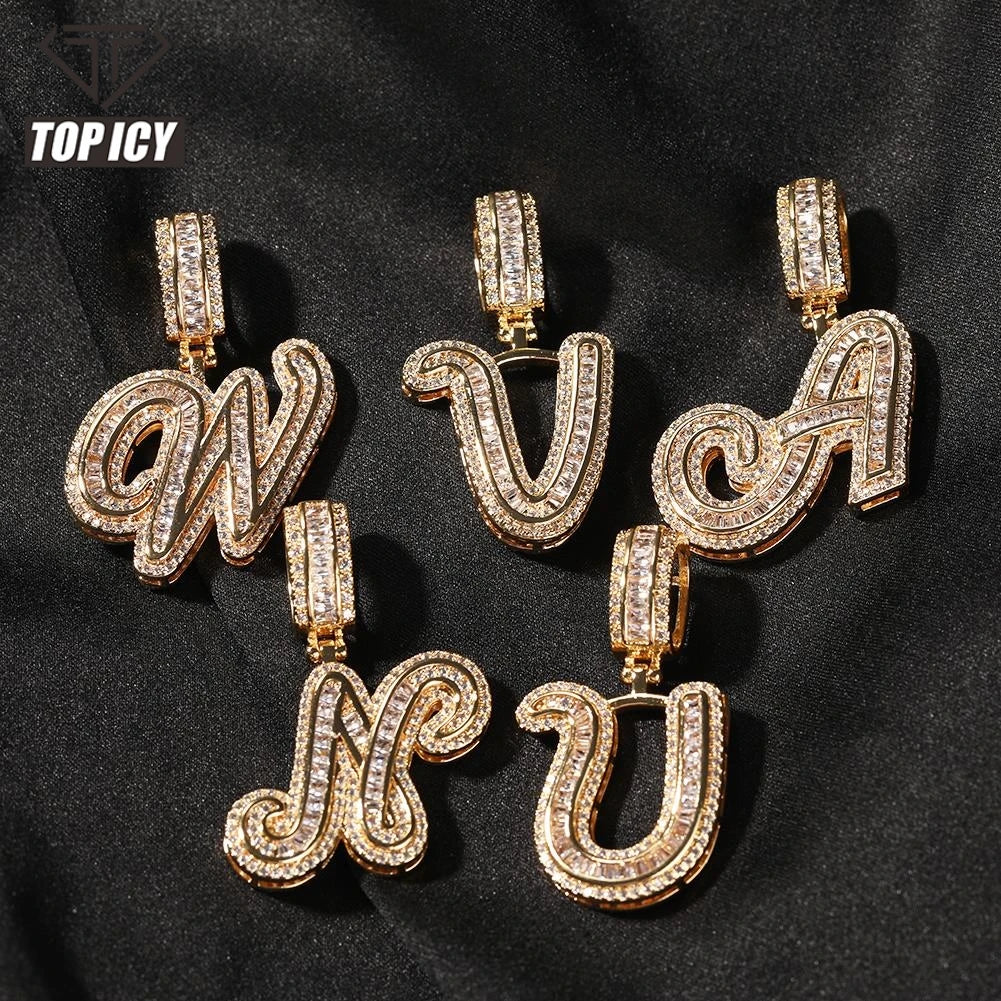 Cursive Font Baguette Diamond Initial Necklace Brass 18K Gold Plated 5A CZ A-Z Letter Pendant Iced Out Alphabet Pendant
