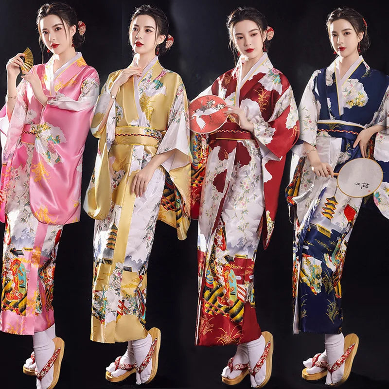 Hot Woman Lady Japanese Tradition Yukata Satin Kimono With Obi Flower Vintage Evening Dress Cosplay Costume One Size