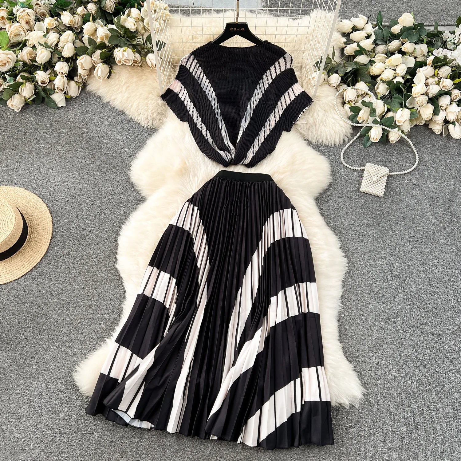 Pleated Suit Plus Size Women Summer Gradient Color Printed Loose Top Women's High Waist Two-piece Overskirt Suit