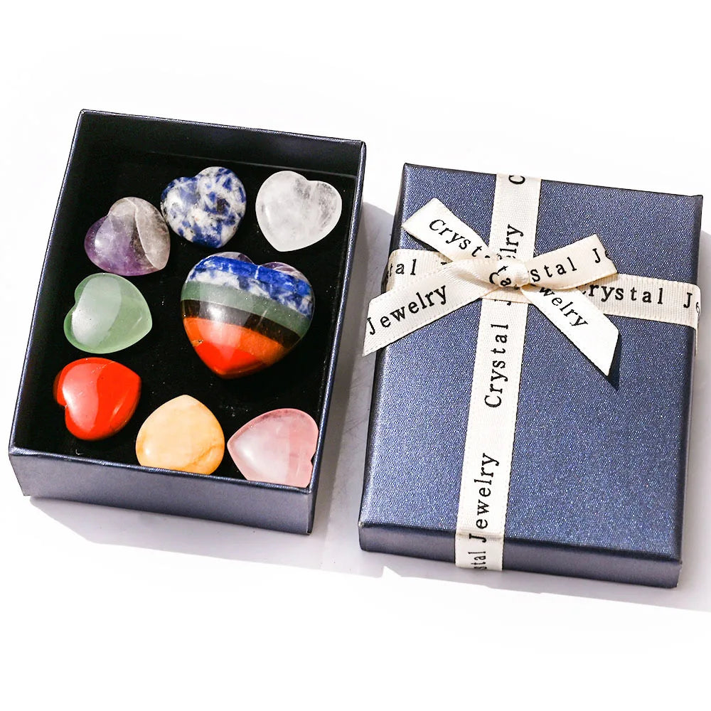 Spiritual Meditation Crystal Heart Healing Hearts Set Precisely Bonded Puffy Heart 7 Chakra Set With Gift Box