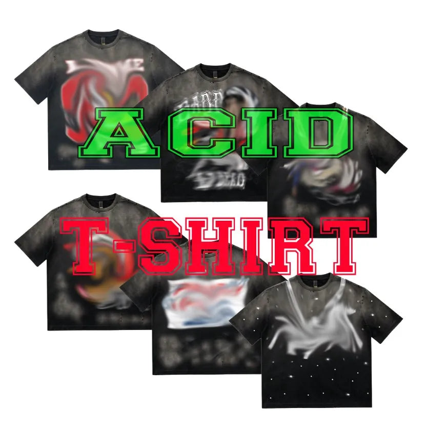 Custom Mens Acid Wash T Shirt Manufacturer Black Heavyweight  Distressed Vintage Tshirt Rhinestone T-shirt Oversized  t Shirts