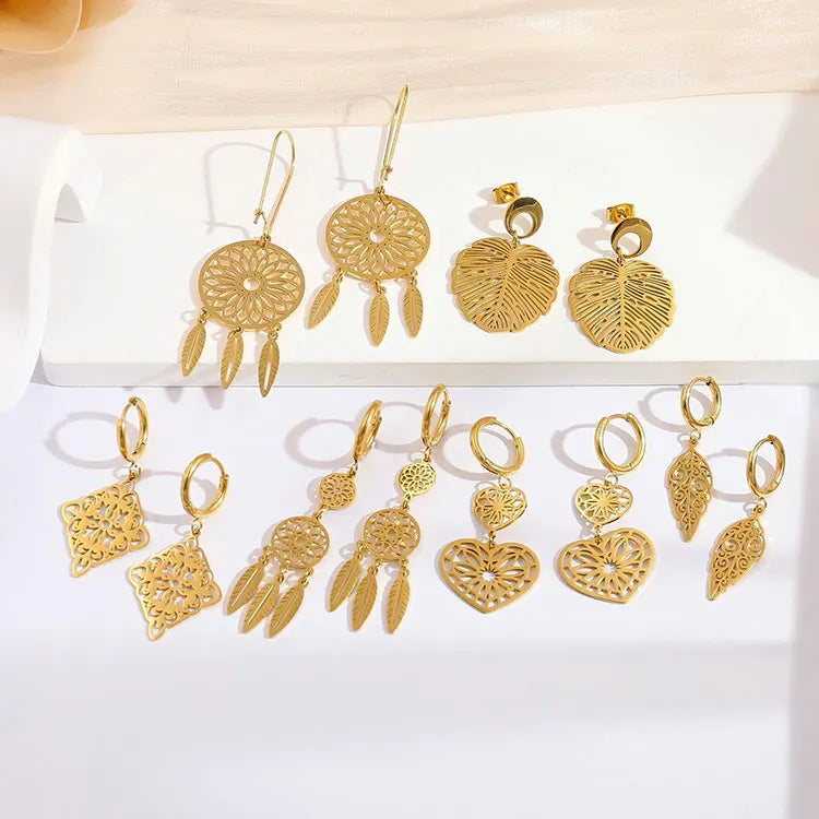 Wholesale Fashion Stainless Steel Hoop Earrings 2022 Corrode Incise Earring Bohemian Style Dreamcatcher Hollow Fringe Earrings