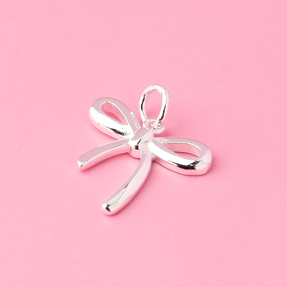 Simple Solid S925 Sterling Plain Silver Bow Charms Pendant for Jewelry Making Supplies 14.5*13.4mm