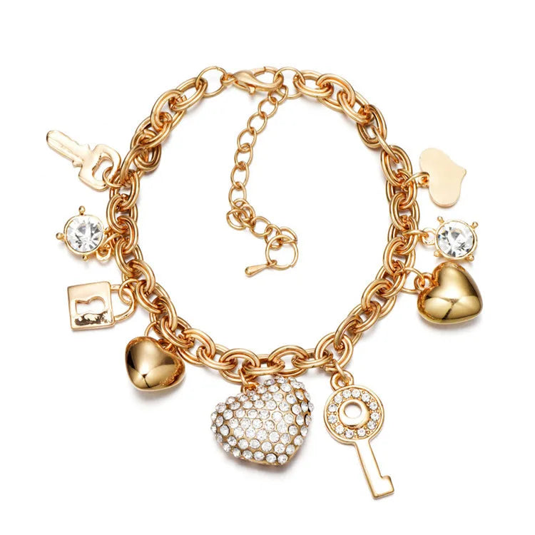 High Quality Hot Selling Designs Gold Silver Plating Crystal Key Heart Charms Women Bracelets