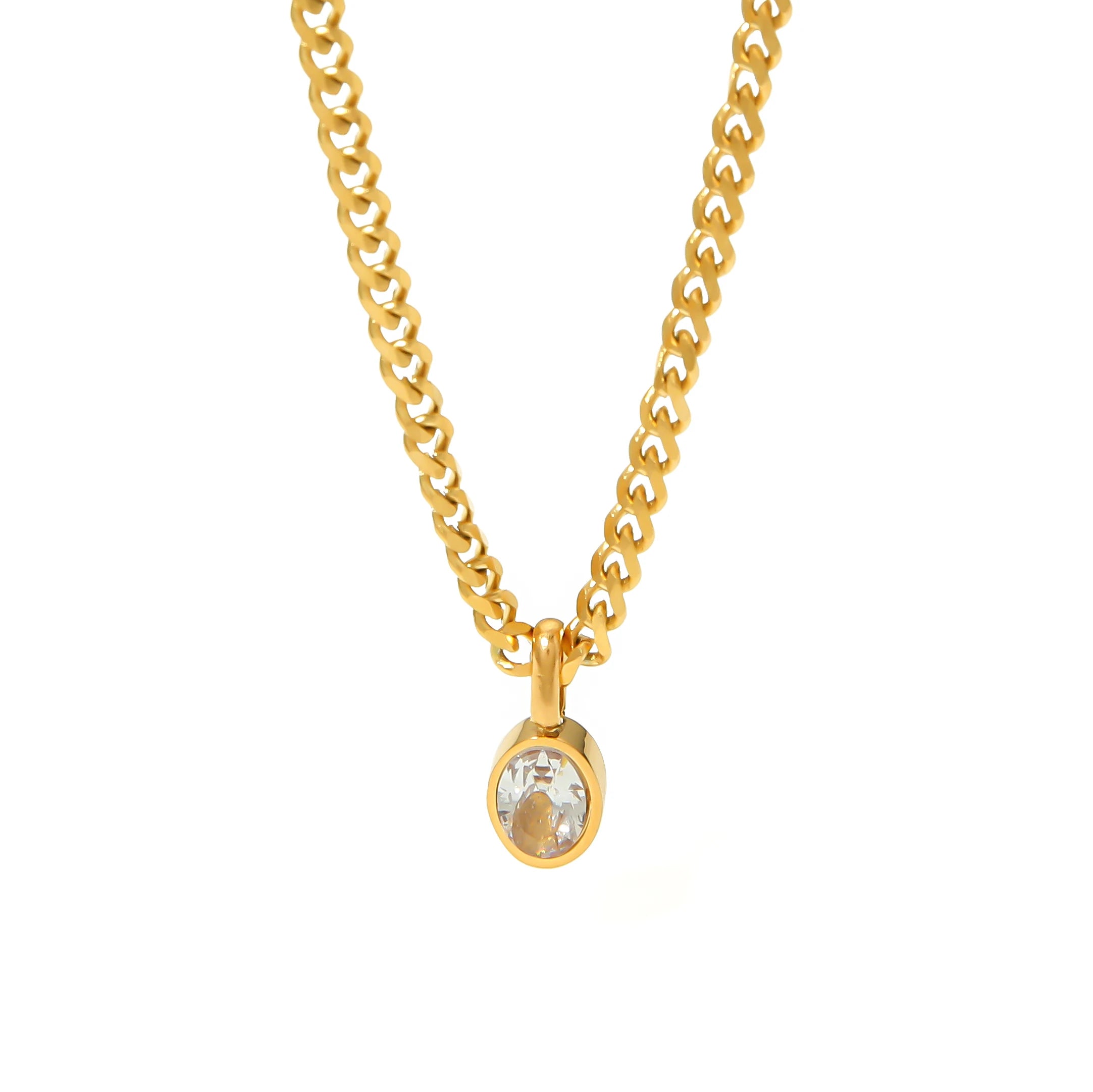 Vintage High Quality Waterproof No Fade Stainless Steel 18k Gold Plated Thick Cuban Chain Oval Zircon Pendent Necklace for Women
