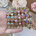 BC2081 Dainty 18k Gold Plated Slim Rainbow Enamel Evil Eyes and Round Crystal CZ Diamond Paved Cuff Stacking Bangle Bracelet